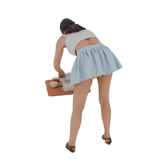 Вид сзади 3D модели женщины в белом кроп-топе и синей юбке, готовящей еду за столом.