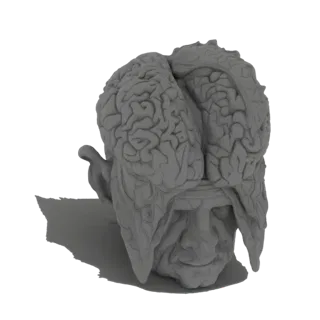 Рендер 3D модели гротескной скульптуры головы человека с большим детализированным мозгом на белом фоне.