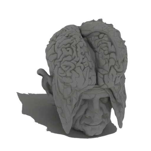 Рендер 3D модели гротескной скульптуры головы человека с большим детализированным мозгом на белом фоне.