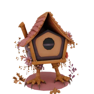 3D модель причудливого скворечника с розовой черепичной крышей, стоящего на куриных ножках, украшенного розовыми и фиолетовым