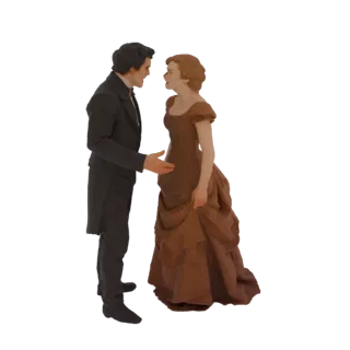 3D модель викторианского мужчины во фраке и женщины в вечернем платье, смотрящих друг на друга.