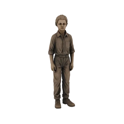 3D модель мальчика в рубашке и брюках, стоящего с руками по бокам, с каменной текстурой.