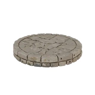3D модель круглой базы для миниатюр, верхняя поверхность которой покрыта старой каменной плиткой с трещинами.