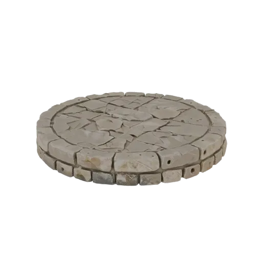 3D модель круглой базы для миниатюр, верхняя поверхность которой покрыта старой каменной плиткой с трещинами.