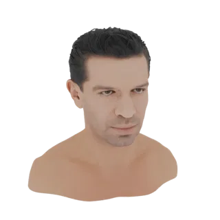 3D-рендер реалистичного бюста мужчины с темными волосами и детализированными чертами лица, представленный на белом фоне.