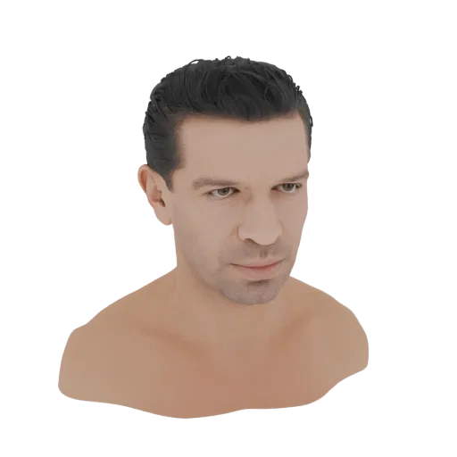 3D-рендер реалистичного бюста мужчины с темными волосами и детализированными чертами лица, представленный на белом фоне.