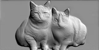 3D модель барельефа с двумя сидящими котиками, выполненная в сером цвете, с высокой детализацией шерсти и мордочек.