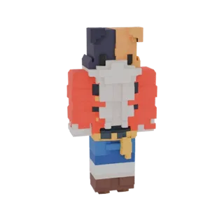 3D модель кошки в блочном стиле Minecraft, одетая как пират с красным пиджаком и синими штанами.