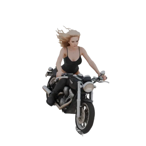 3D модель блондинки в черном на мотоцикле, с развевающимися волосами и решительным выражением лица.