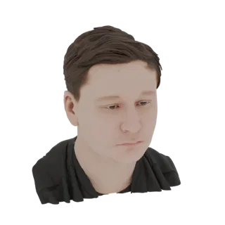 3D модель молодого человека с короткими каштановыми волосами, смотрящего вниз, одетого в черную футболку.