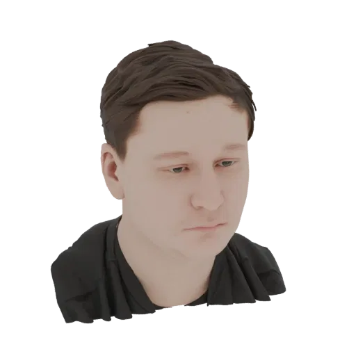 3D модель молодого человека с короткими каштановыми волосами, смотрящего вниз, одетого в черную футболку.