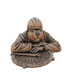 3D модель бронзового бобра в каске, опирающегося на канализационный люк, с гаечным ключом на люке.