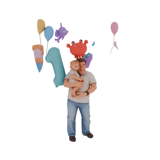 3D модель улыбающегося отца, держащего ребенка, с красочными праздничными шарами и красным крабом вокруг.