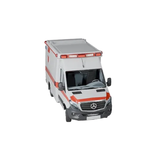 3D модель скорой помощи, вид в студии в три четверти, готовый для Blender объект с линиями кузова, остеклением, положением ко