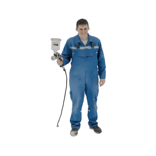 3D модель мужчины-маляра в синем комбинезоне, улыбающегося и держащего краскопульт.