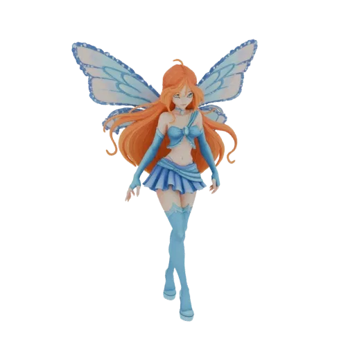 3D модель Блум, Феи Драконьего Пламени из Winx Club, с рыжими волосами, синим нарядом феи и полупрозрачными синими крыльями.