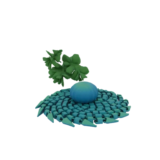 3D рендер абстрактного бирюзового вихря с синей сферой и зеленой листвой, на белом фоне.
