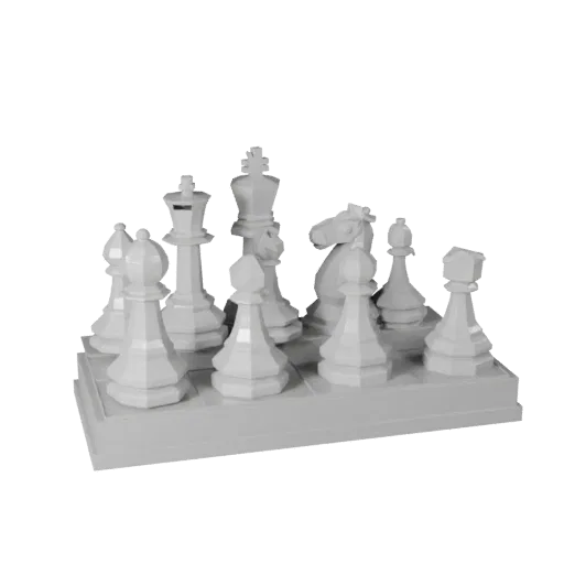 Предварительный просмотр низкополигональной 3D-модели классического набора шахматных фигур, показывающий масштаб, вид игры в