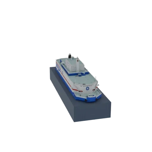 3D-модель современного парома с синими и красными акцентами, отображаемая на серой платформе на белом фоне.