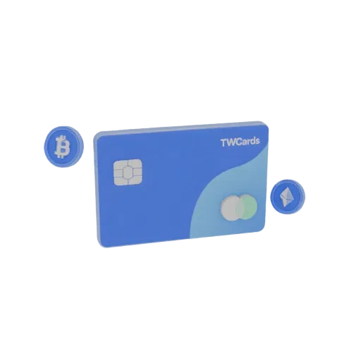 3D-рендер синей дебетовой карты TWCards с монетой Bitcoin слева и монетой Ethereum справа на белом фоне.