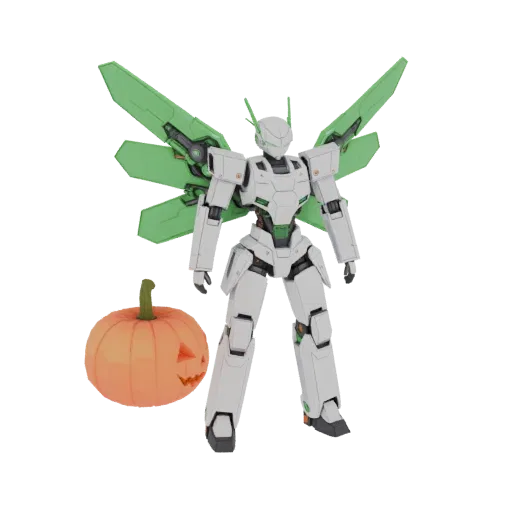 Белый робот с зелеными кибер-крыльями стоит рядом с резной тыквой на Хэллоуин, 3D рендеринг.