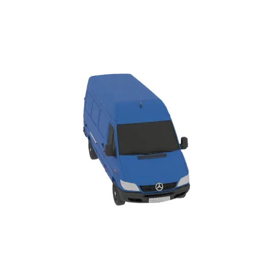 3D модель синего фургона Mercedes Sprinter, вид с немного приподнятого передне-правого угла.