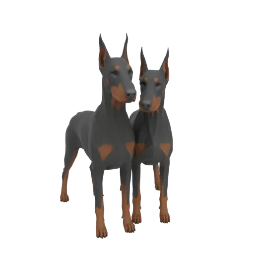 3D рендер двух собак породы Доберман, стоящих рядом на белом фоне.
