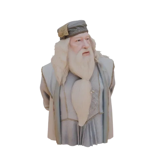 3D модель бюста Альбуса Дамблдора с длинной белой бородой и характерной шляпой, на белом фоне.