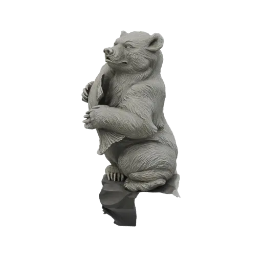 3D модель статуи серого медведя с рыбой, сидящего на камне.