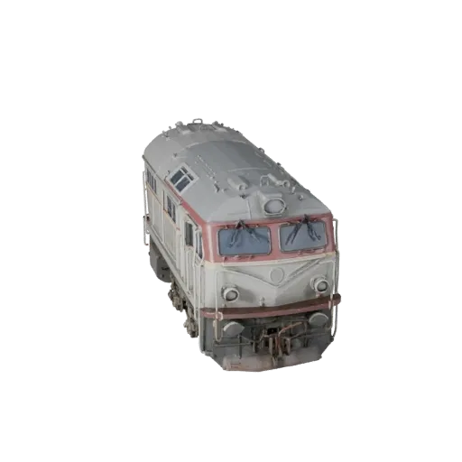 3D-модель дизельного локомотива, вид в студии в три четверти, готовый для Blender объект транспортного средства с рельсовым п