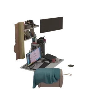 3D модель современного рабочего стола с компьютером, монитором, книжной полкой и бирюзовым пледом на стуле.