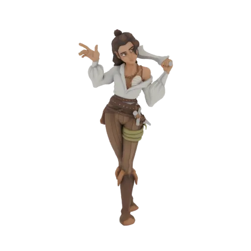 3D модель женщины-пирата с белой блузкой, коричневым поясом, кинжалом и зеленой обмоткой бедра, в динамичной позе.