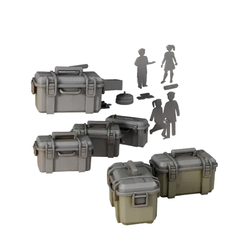 Низкополигональная 3D-модель ящика для патронов в военном стиле, вид в игровом окне с трех четвертей, показывающий пластик, р