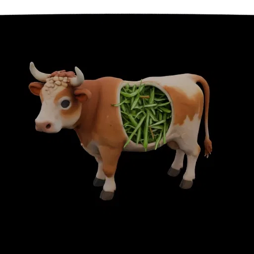 3D модель коровы с разрезанным боком, наполненным зеленым силосом, на черном фоне
