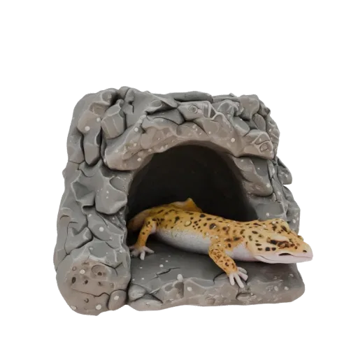 3D модель укрытия-пещеры для эублефара, имитирующая натуральный камень, с рептилией внутри