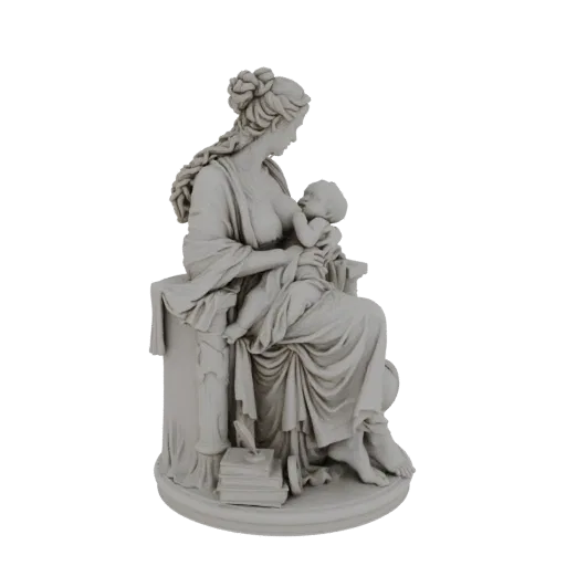 3D модель классической статуи матери, кормящей ребенка, с детализированной драпировкой и безмятежным выражением лица, имитиру
