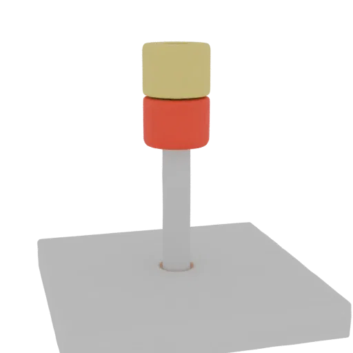 3D модель стойки для колец с красным и желтым кольцами на белой платформе, изолированная на белом фоне.
