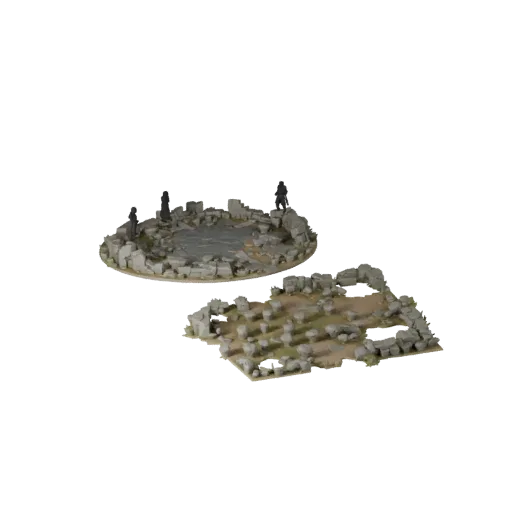 Предварительный просмотр низкополигональной 3D-модели живописной разрушенной базы, показывающий форму ободка, вид с трех четв