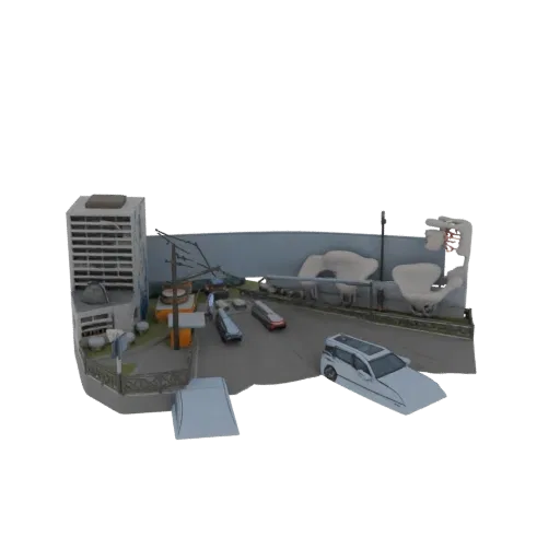 3D-рендер футуристической городской диорамы с высоким зданием, дорогой, машинами и абстрактными скульптурами на белом фоне.