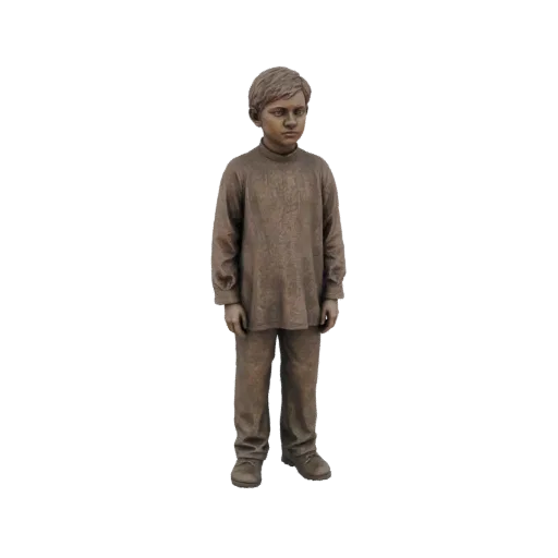 3D модель статуи юного мальчика с бронзовой патиной, стоящего с руками по бокам.