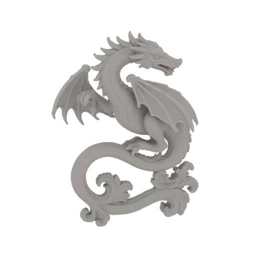 3D модель серого, витиеватого дракона, свернувшегося в декоративный вихрь с витиеватыми украшениями у основания.