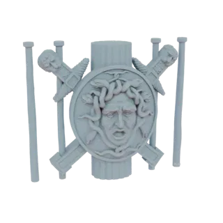 3D модель рельефа головы Медузы с перекрещенными мечами и декоративными колоннами, выполненная в светло-сером, похожем на кам