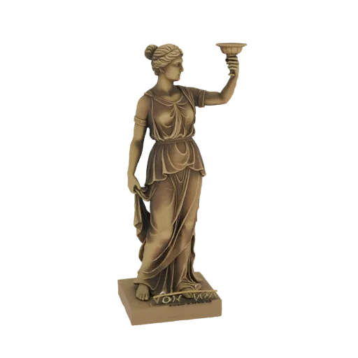 3D модель классической статуи женщины с факелом, отрисованная с реалистичной бронзовой текстурой и мягким освещением.