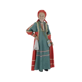 3D модель женщины в традиционном русском народном костюме, улыбающейся и позирующей, положив руку на бедро.