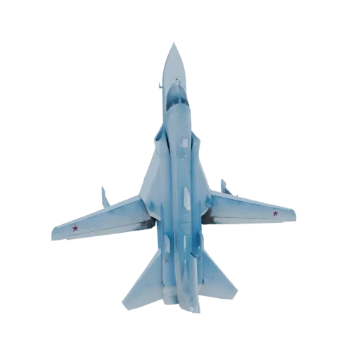 Вид сверху 3D модели российского истребителя-невидимки Су-57 со светло-голубой камуфляжной схемой и красной звездой на крылья