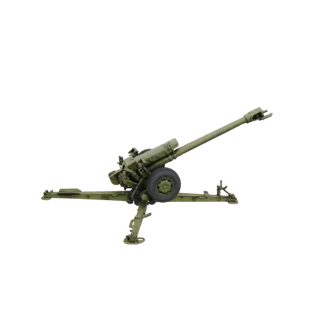 3D model of a green M101A1 105mm Howitzer artillery piece with extended stabilizing legs and a raised barrel.