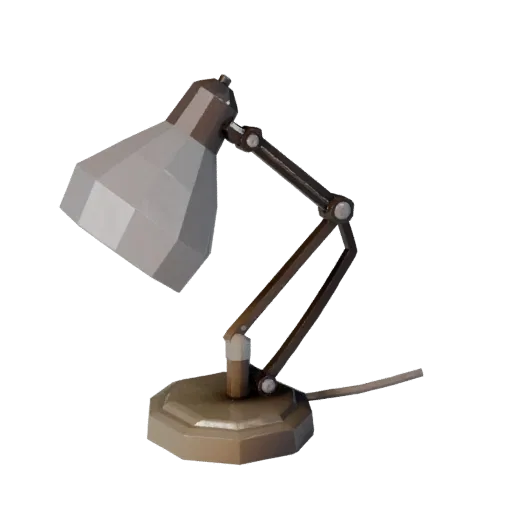 Низкополигональная 3D-модель настольной лампы в стиле ар-деко, офис, игровое окно, вид в три четверти, металлические детали.