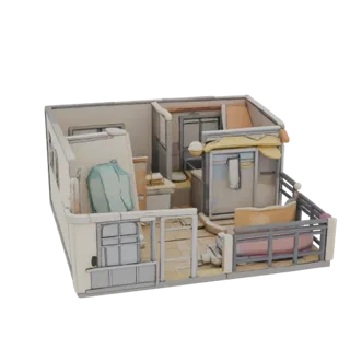 3D-модель компактной аниме-студии с кухней, ванной и балконом, выполненная в иллюстративном стиле.