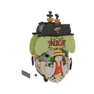 3D модель корабля Барто Клуба из Ван Пис с Манки Д. Луффи у руля, с зелеными парусами и яркими цветами.