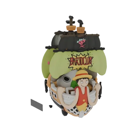 3D модель корабля Барто Клуба из Ван Пис с Манки Д. Луффи у руля, с зелеными парусами и яркими цветами.
